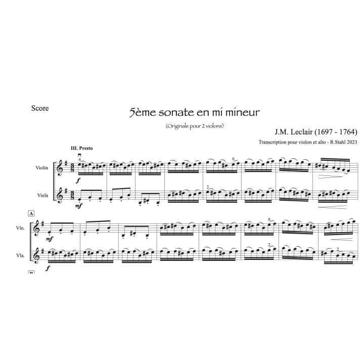 Leclair - 5ème sonate en mi mineur - violon et alto